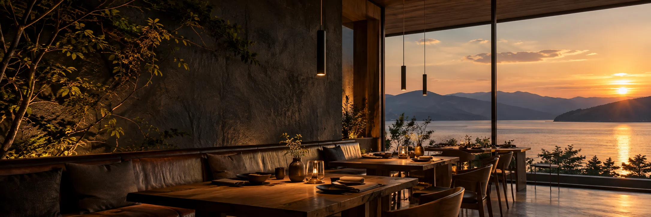 夕景を望む飲食空間（AI生成の仮イメージ）